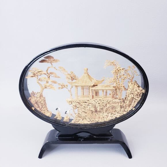 Vintage Chinese Diorama Cork Art Carving Glass Case~Pagoda/Trees/Cranes - Picture 3 of 10